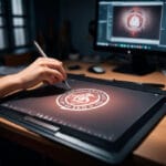 diseñador gráfico dibujando un logo en una tableta grñafica